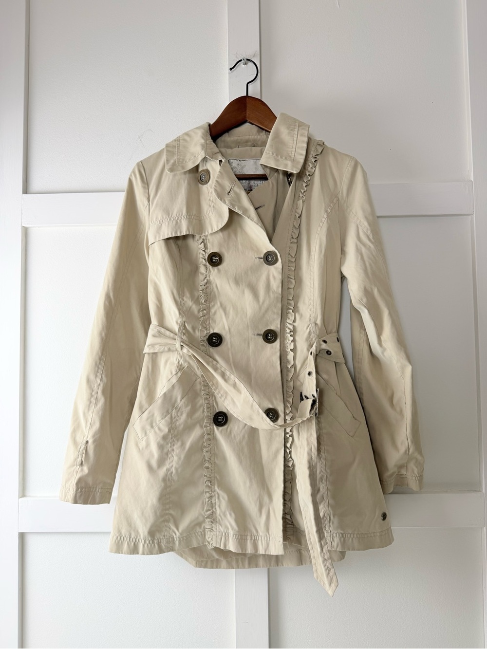 Point Zero Y2K Style Beige Ruffle Trench Coat Belted S